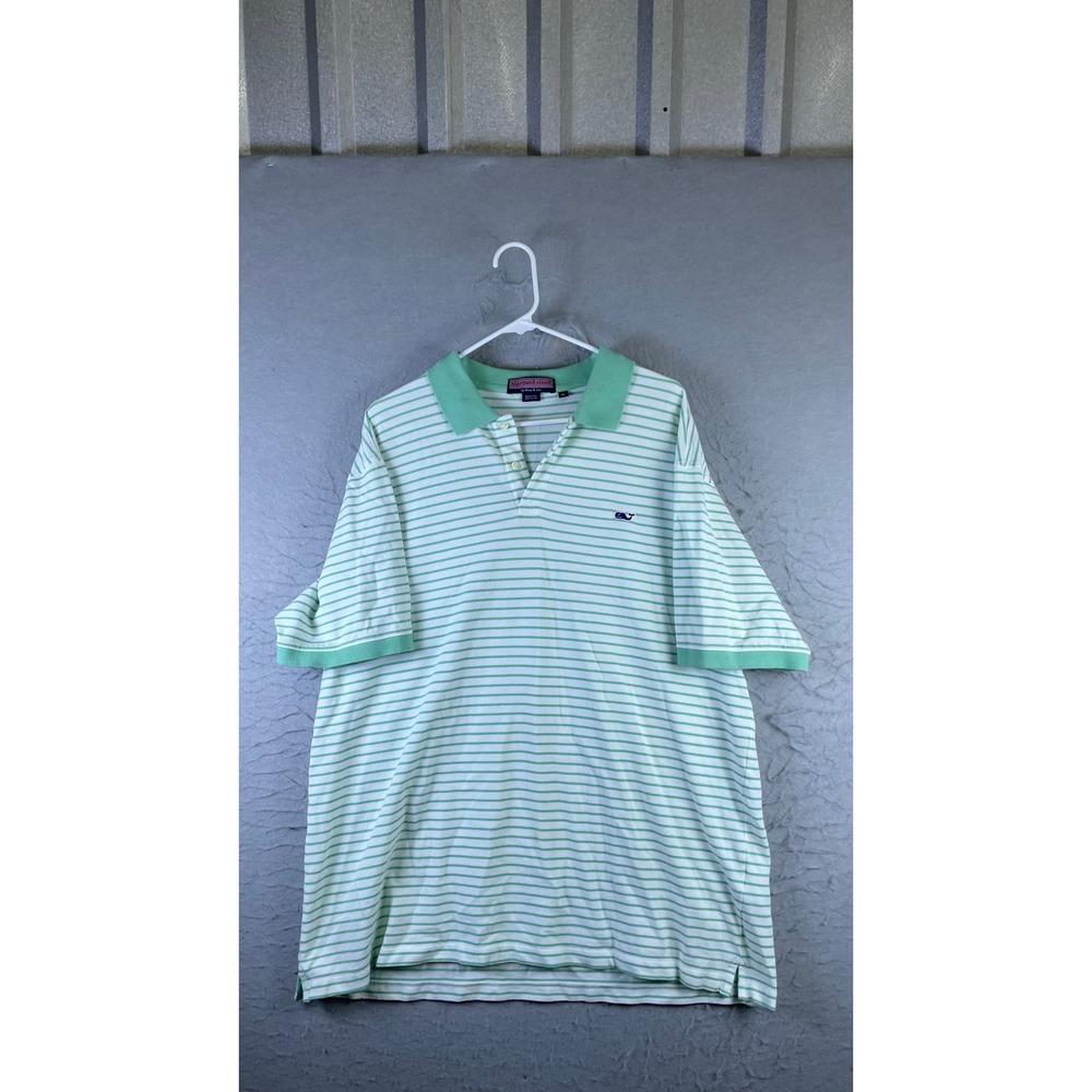 Vineyard Vines Polo Shirt Mens XL Green White Good Striped Short Sleeve Cotton